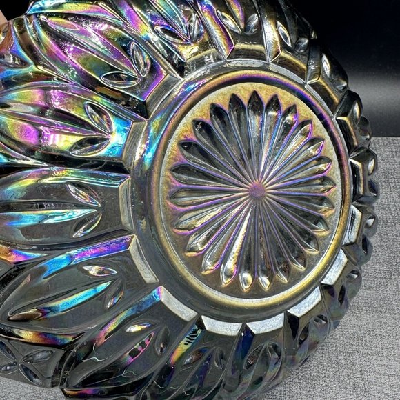 Federal Glass Bowl Petal Pattern Smoke Iridescent Amethyst Carnival 10.25" Vtg - Picture 7 of 12